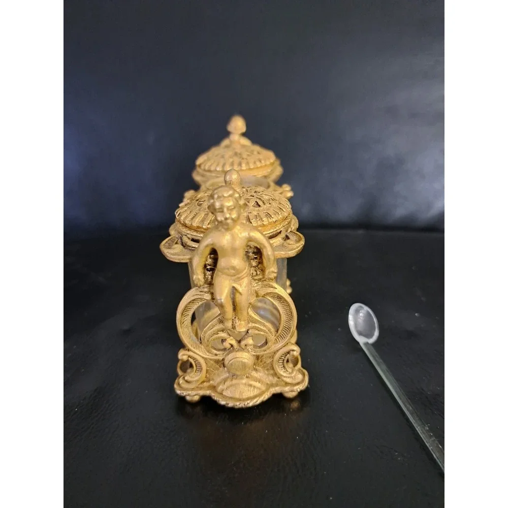 Vintage Set‎ Glass Brass Ornate Condiment Jars On Tray With Angels Cruet Carafe
